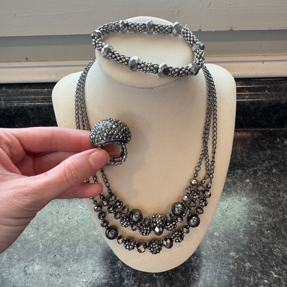 Dark Silver Chunky Beaded Necklace Ring Bracelet Bundle Jewelry Set Grunge Y2K